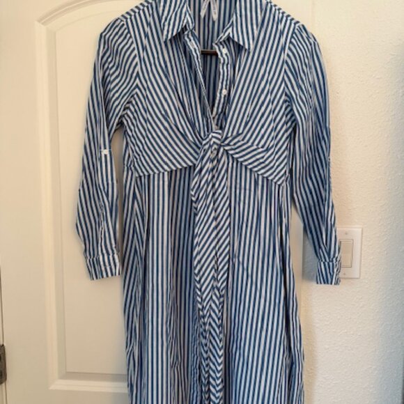 Seraphine Blue & White Stripe Maternity & Nursing Midi Wrap Shirt Dress - Picture 5 of 5